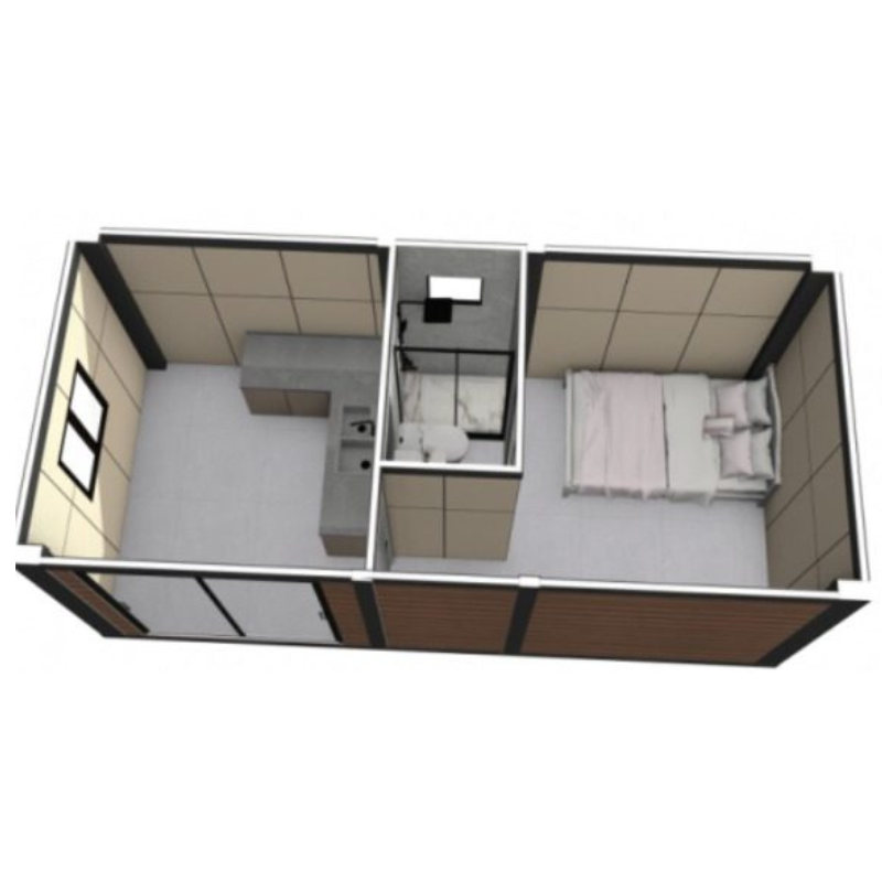 3D floor plan showing cabin layout with bedroom, kitchen, and bathroom