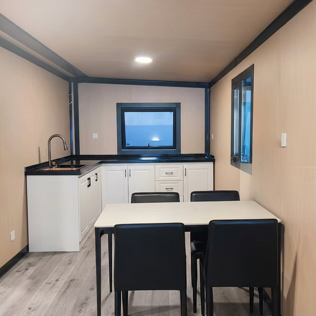 Kitchen and dining area inside cabin