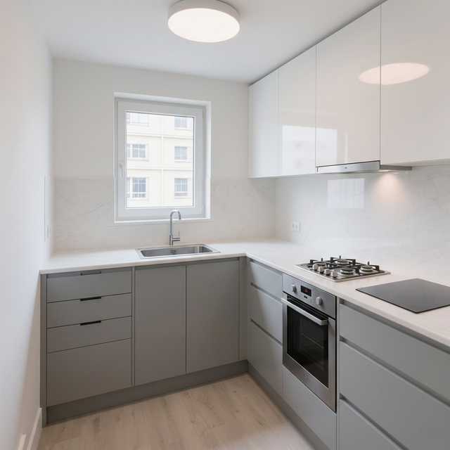 Modern grey kitchen inside expandable cabin