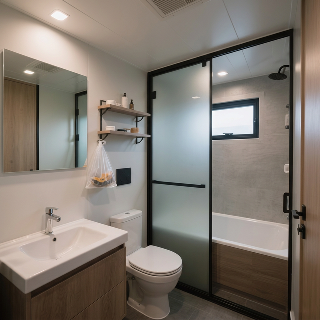 Modern cabin bathroom with glass shower